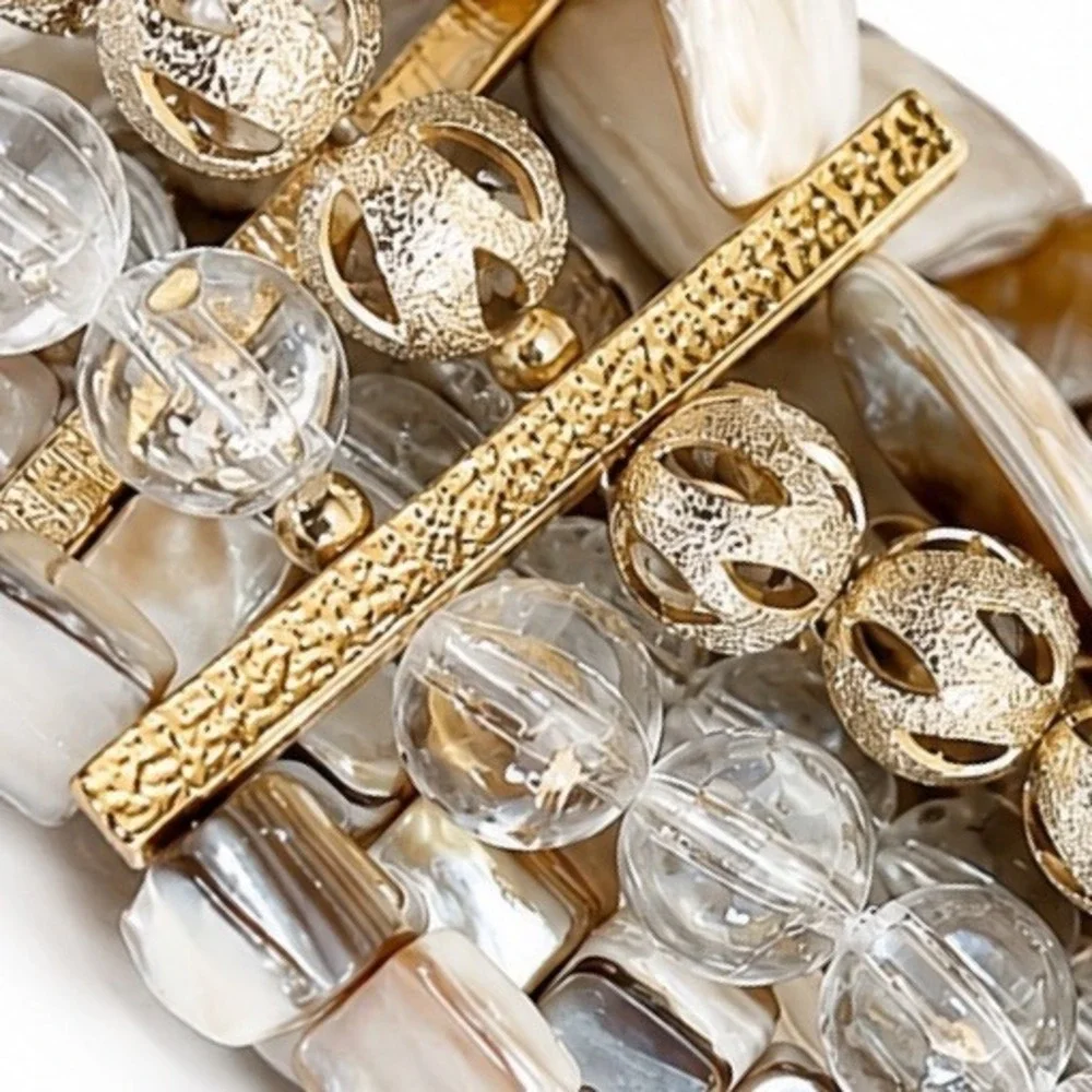 Mother-of-pearl Nuggets Stretch Cuff Bracelet Gold Clear Beaded Accents